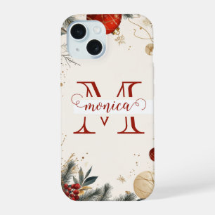 Coque iPhone 15 Nom personnalisé Monogramme Or Rouge Élégant