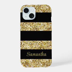 Coque iPhone 15 Nom personnalisé Paillettes dorées Rayures noires