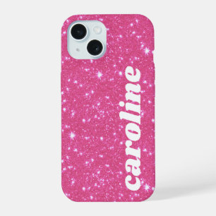 Coque iPhone 15 Nom personnalisé Paillettes Rose Chaude Rétro
