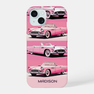 Coque iPhone 15 Nom personnalisé Pink Classic Car