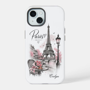 Coque iPhone 15 Nom personnaliséParis Romance Tour Eiffel & Roses