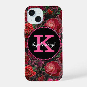Coque iPhone 15 Noms en monogramme de marbre de roses rose chaleur