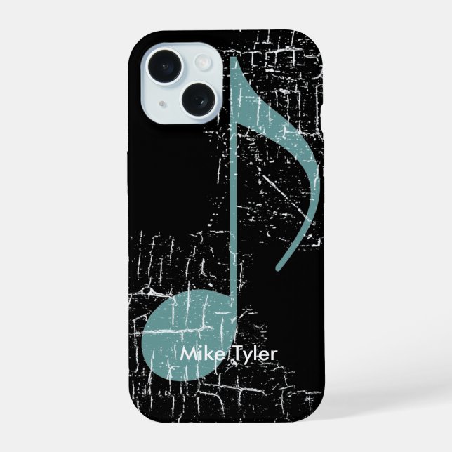 Coque iPhone 15 Note de musique bleue sur fond noir (Verso)
