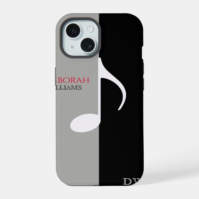 Coque iPhone 15 Note de musique noir et gris moderne (Verso)
