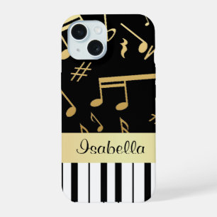 Coque iPhone 15 Notes de musique et touches de piano noires et or