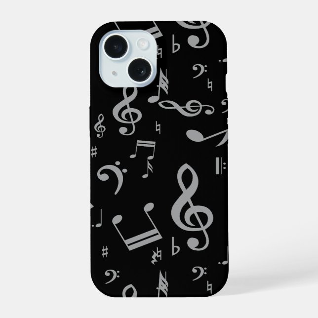 Coque iPhone 15 Notes de musique Gris Argent sur fond Noir (Verso)