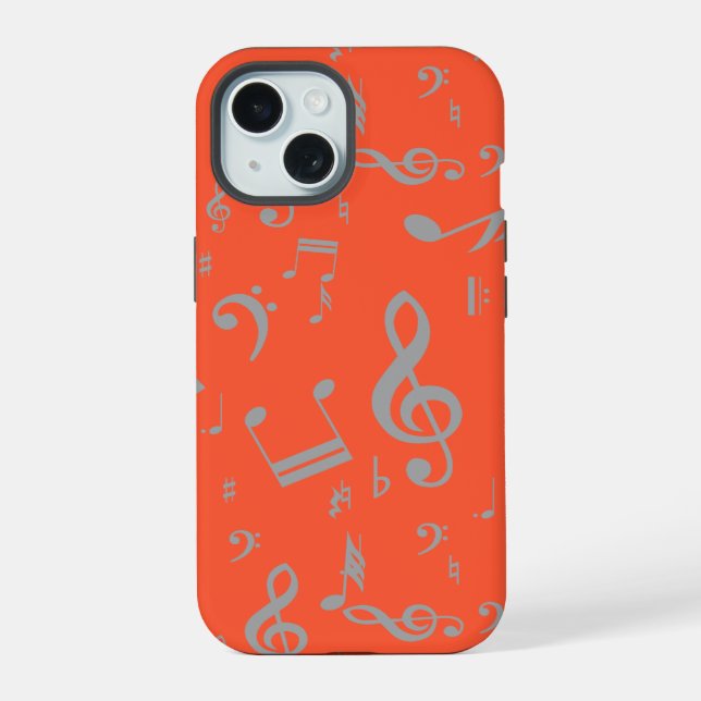 Coque iPhone 15 Notes de musique grises sur orange (Verso)