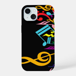 Coque iPhone 15 Notes de Musique Jumbled colorées sur Black