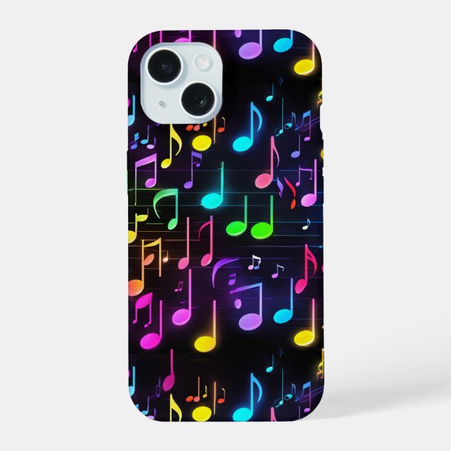 Coque iPhone 15 Notes de musique néon sur fond noir (Verso)