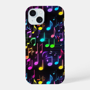 Coque iPhone 15 Notes musicales de Neon sur Black