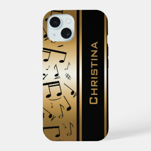 Coque iPhone 15 Notes personnalisées de luxe en or et en noir