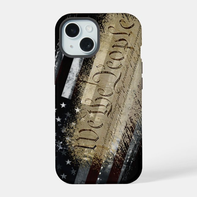 Coque iPhone 15 Nous Le Peuple Drapeau Industriel Américain (Verso)