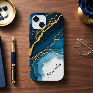 Coque iPhone 15 Nuances de bleu et encre alcoolique or avec nom