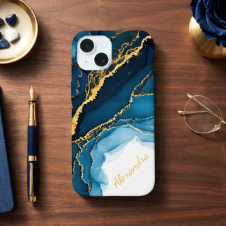 Coque iPhone 15 Nuances de bleu et encre alcoolique or avec nom