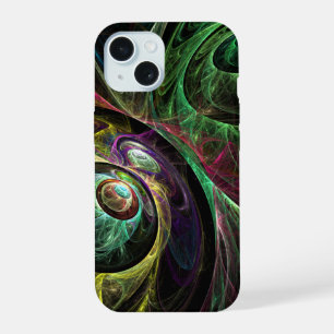 Coque iPhone 15 Œil à œil Art Abstrait Moderne Fractal Vert Or