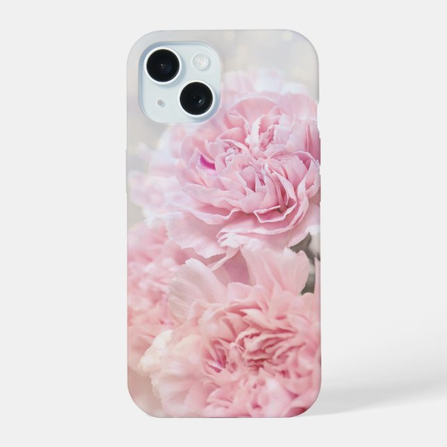 Coque iPhone 15 Œillets roses romantiques rêveurs (Verso)