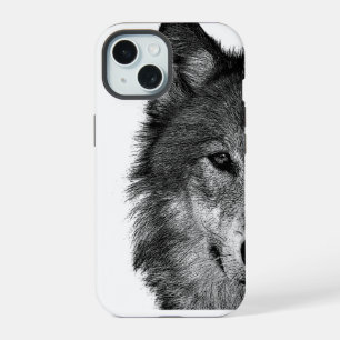 Coque iPhone 15 Œuvre d'art de l'œil de loup noir et blanc