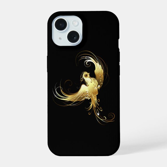 Coque iPhone 15 Oiseau d'or sur Arrière - plan noir (Verso)