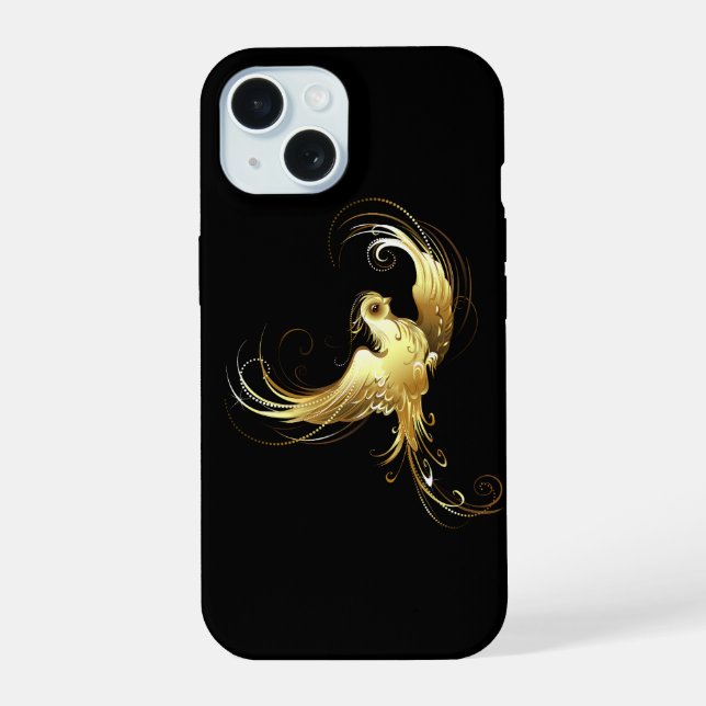 Coque iPhone 15 Oiseau doré sur fond noir (Verso)