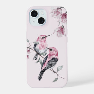 Coque iPhone 15 Oiseaux et florales roses en aquarelle