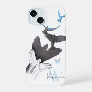 Coque iPhone 15 Oiseaux volants Illusion d'ombre de main Monogramm