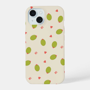 Coque iPhone 15 Olives Vertes Ludiques, Cœurs et Motif d'Initiales