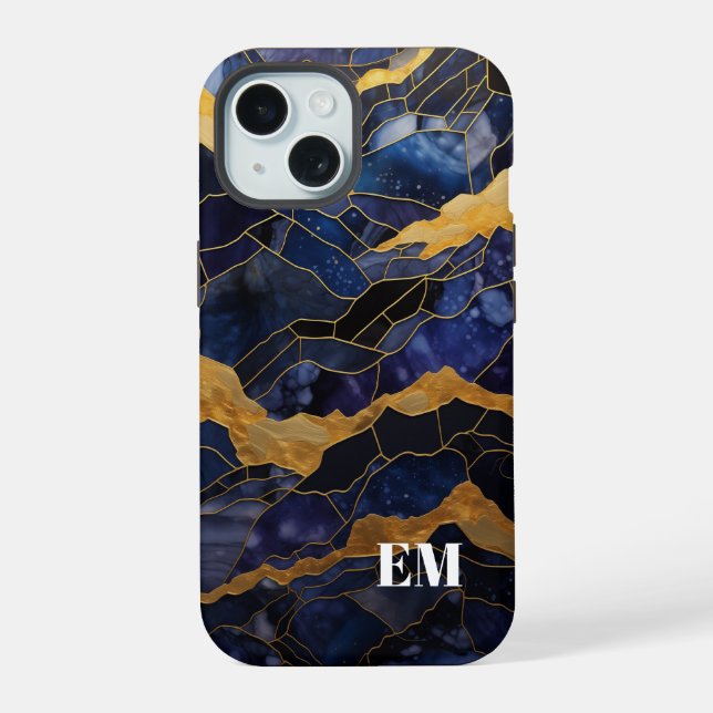 Coque iPhone 15 Or Bleu Abstrait Monogramme Initiales en Marbre (Verso)
