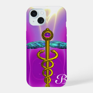Coque iPhone 15 OR CADUCUS MÉDICALE SYMBOLE Violet Monogramme