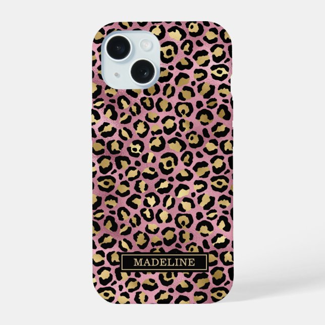 Coque iPhone 15 Or rose feuille de leopard imprimé monogrammé (Verso)