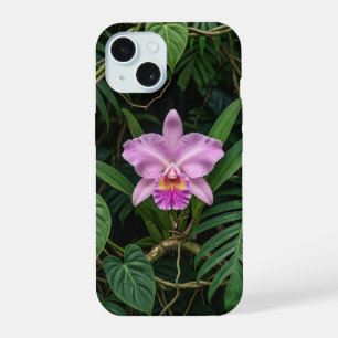 Coque iPhone 15 Orchidée Cattleya rose dans les feuilles de la jun