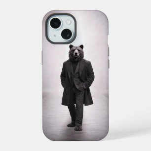 Coque iPhone 15 Ours élégant en portrait de costume sombre classiq