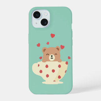 Coque iPhone 15 Ours en peluche souriant confortablement dans une 