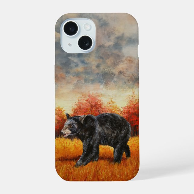 Coque iPhone 15 Ours noir dans une forêt automnale (Verso)