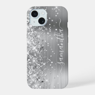 Coque iPhone 15 Pailleté Argent Moderne Signature Féminine