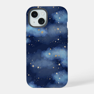 Coque iPhone 15 Paillettes Étoiles Dorées Motif Ciel Bleu Foncé