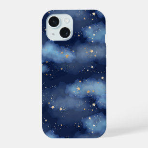 Coque iPhone 15 Paillettes Étoiles Dorées Motif Ciel Bleu Foncé