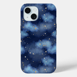 Coque iPhone 15 Paillettes Étoiles Dorées Motif Ciel Bleu Foncé