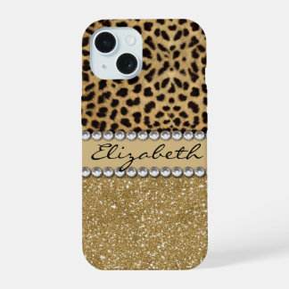 Coque iPhone 15 Paillettes Or Tache De Léopard Rhinestone