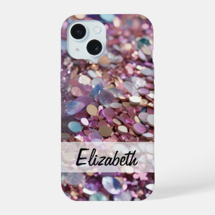 Coque iPhone 15 Paillettes pastel en violet, bleu, rose et argent