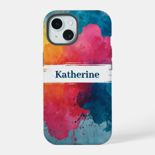 Coque iPhone 15 Paint à l'aquarelle vive avec nom personnalisé