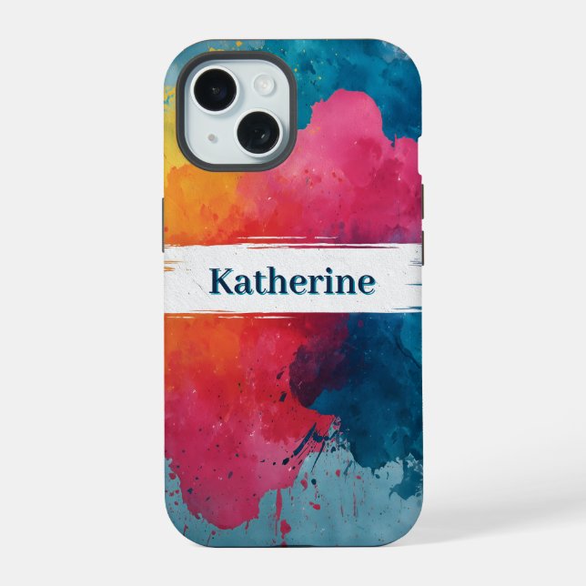 Coque iPhone 15 Paint à l'aquarelle vive avec nom personnalisé (Verso)