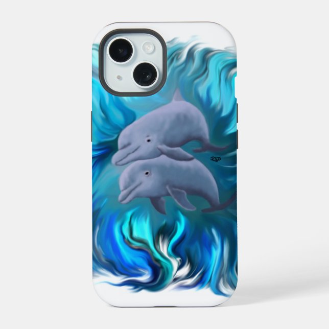 Coque iPhone 15 Paire de dauphins (Verso)