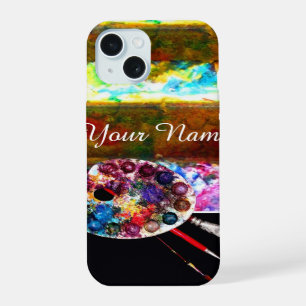 Coque iPhone 15 PALETTE DE COULEURS D'ARTISTE ET PINCEAUX ,Noir