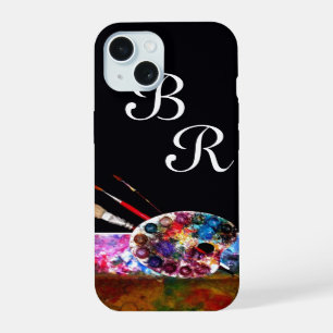 Coque iPhone 15 PALETTE DE COULEURS DE L'ARTISTE MONOGRAMME Noir