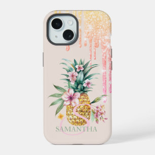 Coque iPhone 15 Pamplemousse Floral Pailleté avec Gouttes de Verre