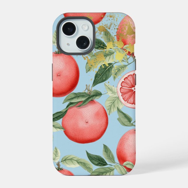 Coque iPhone 15 Pamplemousse rose esthétique, bleu pastel et or (Verso)