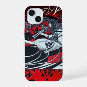 COQUE iPhone 15 PAN ART NOUVEAU, DAMAS MONOGRAMME ROUGE NOIR BLANC