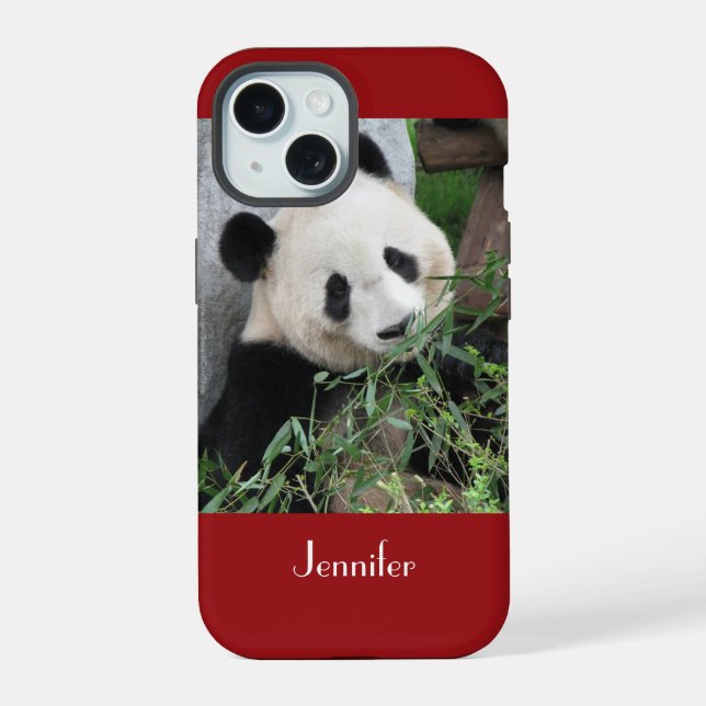 Coque iPhone 15 Panda Géant Cute Arrière - plan rouge foncé, Nom, (Verso)