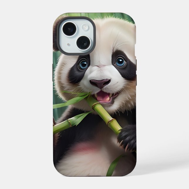 Coque iPhone 15 Panda Mignon Mangeant du Bambou (Verso)