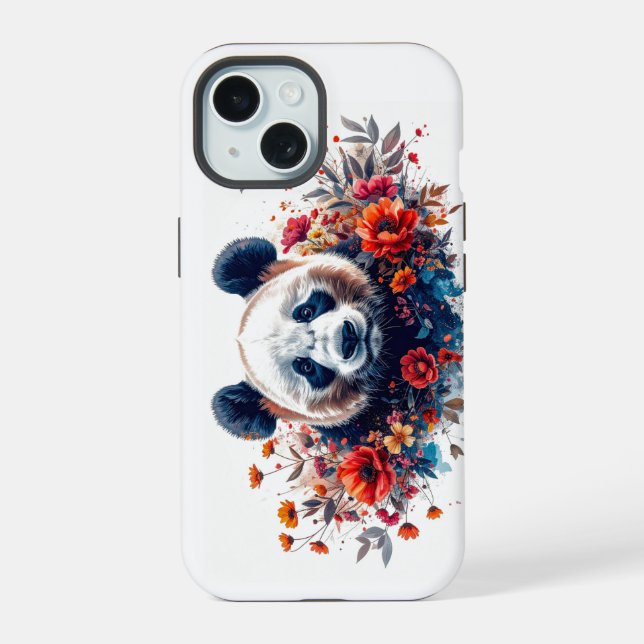 Coque iPhone 15 Panda parmi les fleurs (Verso)